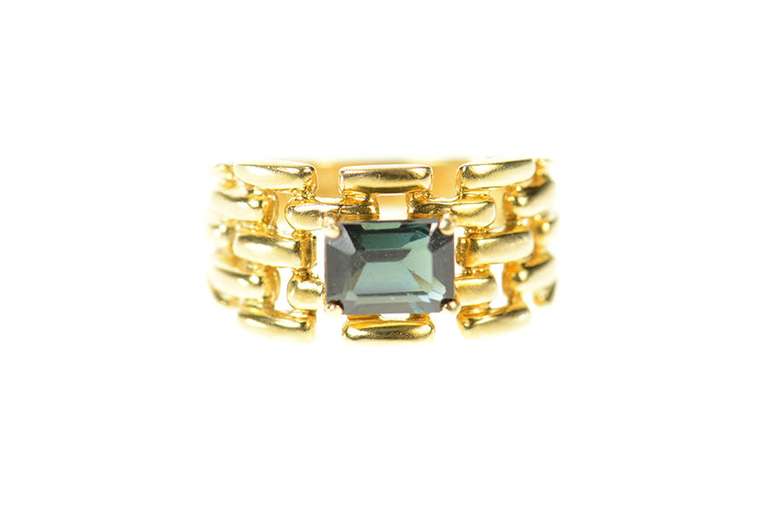 10K Yellow Gold Emerald Syn. Sapphire Chain Pattern Band Ring