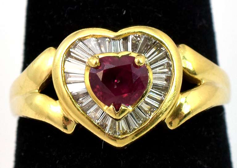 Sweet Ruby & Diamond Heart Ring in 18KT Yellow Gold