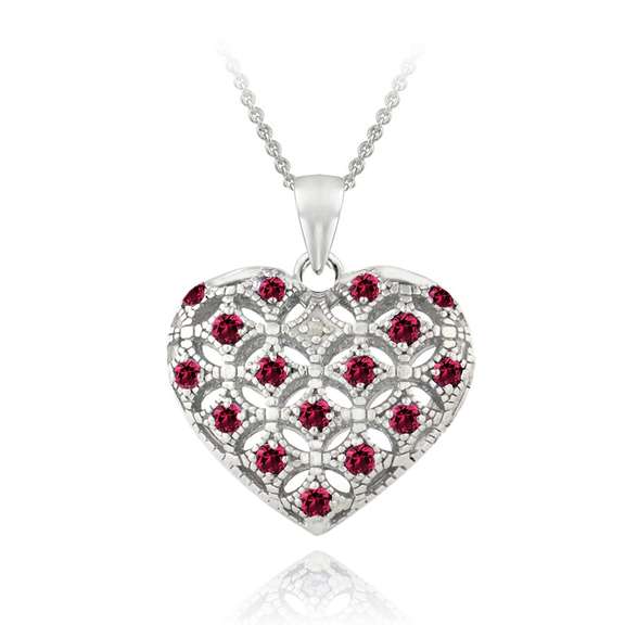 Sterling Silver Created Ruby & Diamond Accent Heart Locket Necklace