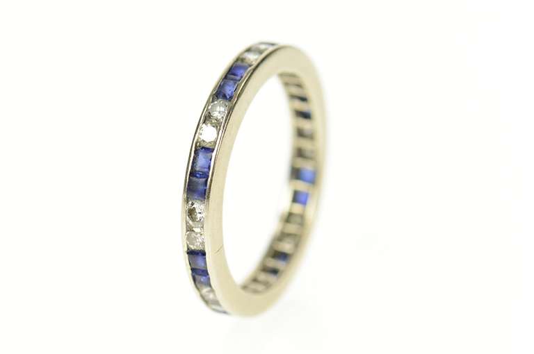 10K White Gold 1.04 Ctw Art Deco Diamond Sapphire Wedding Ring