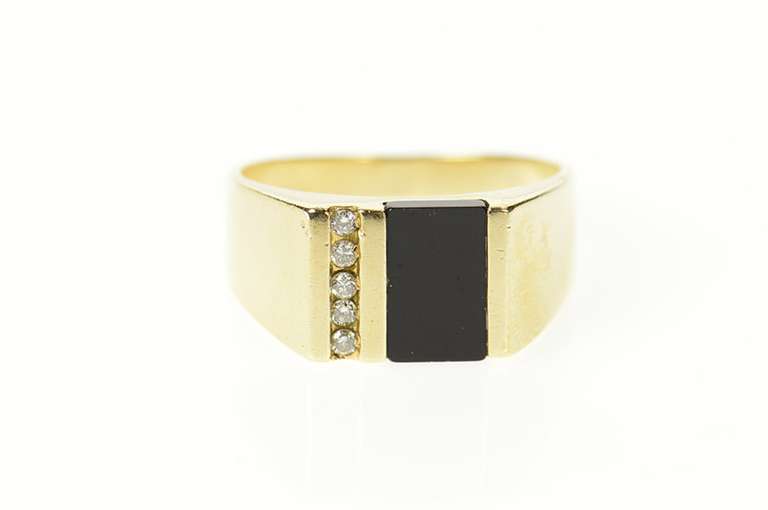 10K Yellow Gold Black Onyx Inlay Diamond Squared Statement Ring