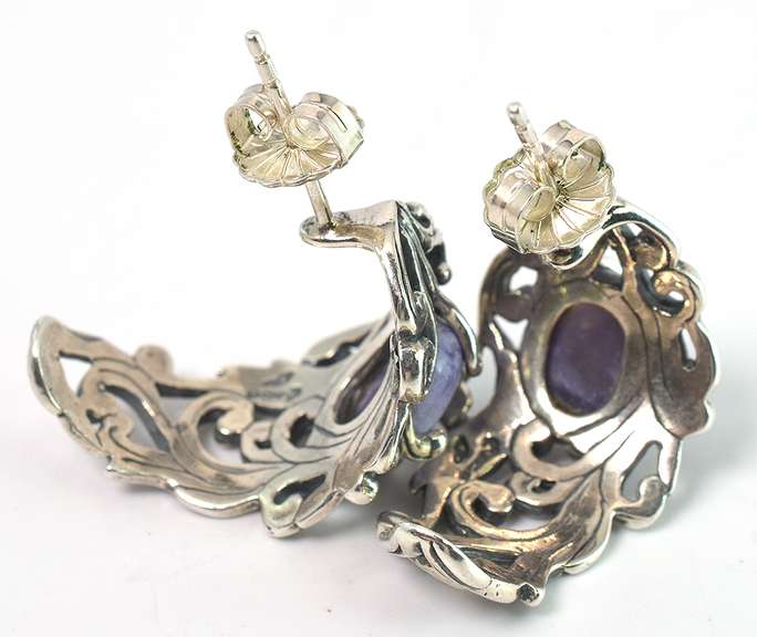 Elegant Purple Agate Filigree Half-Hoops in Sterling Silver