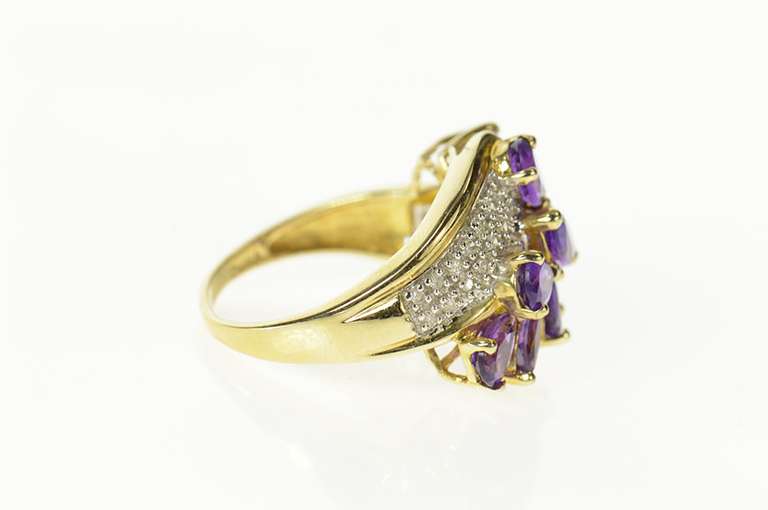 10K Yellow Gold Pear Amethyst Cluster Pave Diamond Accent Ring