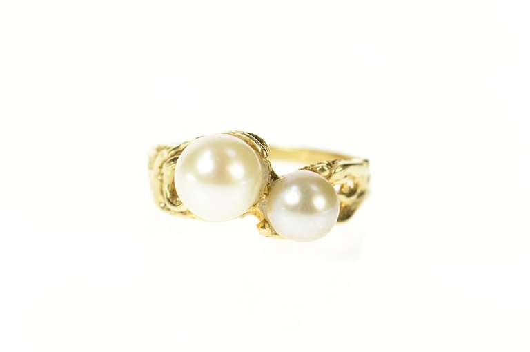 14K Yellow Gold Pearl Ornate Textured Nugget Statement Ring