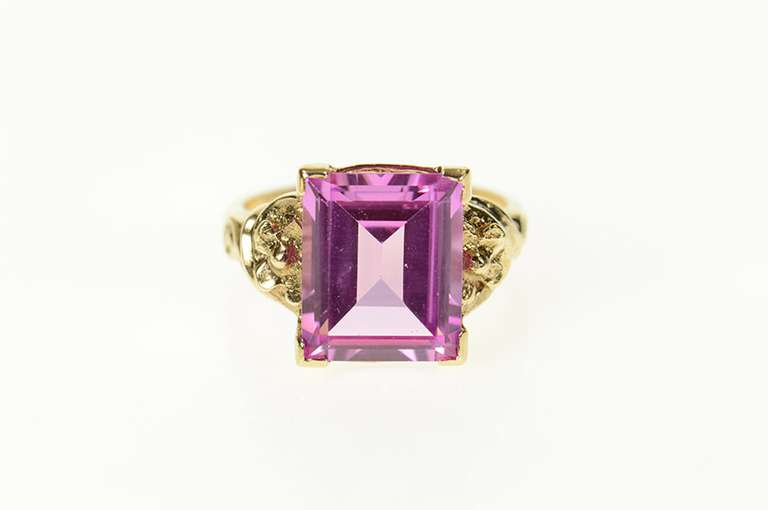 10K Yellow Gold Emerald Syn. Pink Topaz Retro Statement Ring