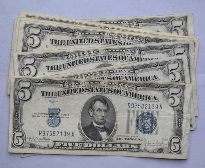 4 Each 1934 D  & 1953 A Series $5 Silver Certificates.
