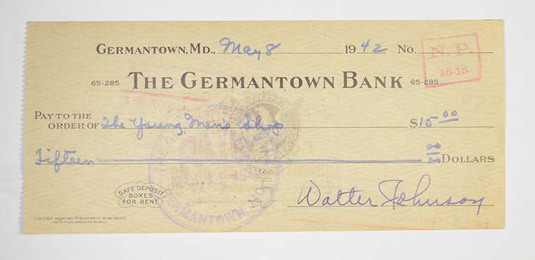 Walter Johnson Washington Senators Signed/Autographed Bank Check 1941