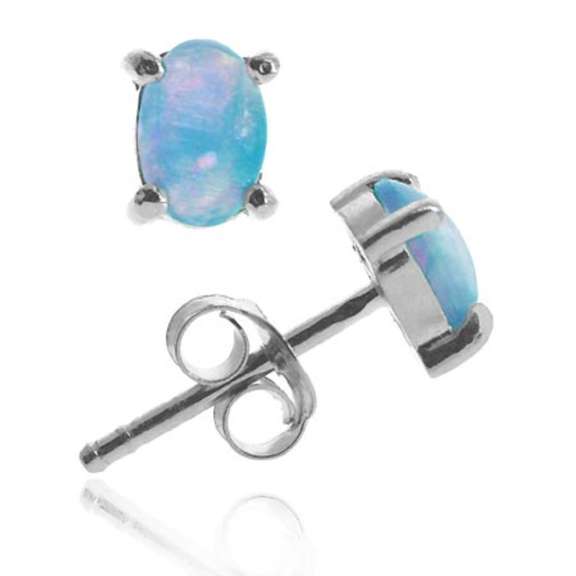 Sterling Silver 6x4 Oval Fiery Created Blue Opal Stud Earrings