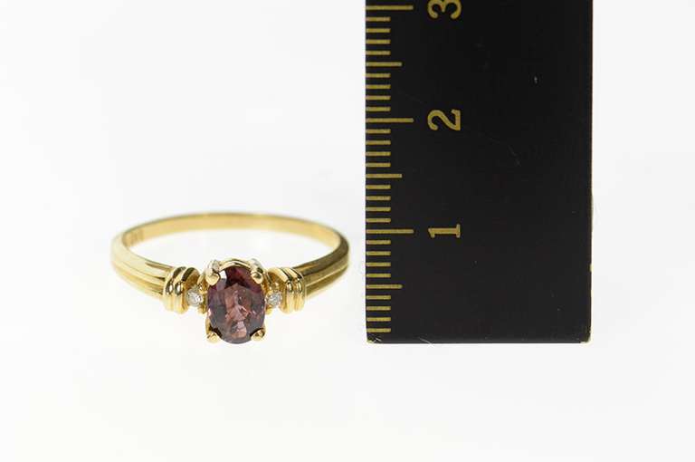 10K Yellow Gold Three Stone Almandine Garnet Diamond Ring