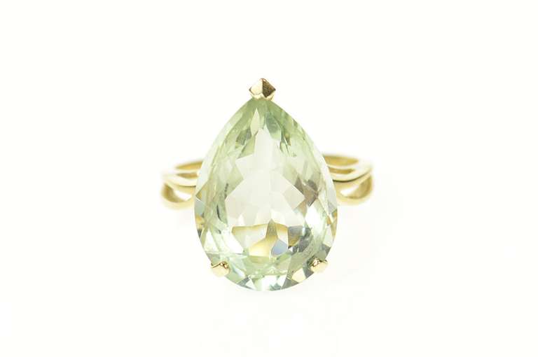 14K Yellow Gold 8.76 Ct Pear Prasiolite Solitaire Statement Ring