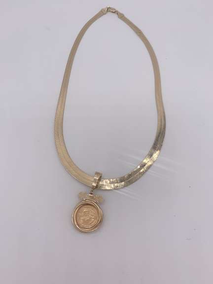 14kt Solid Gold Herringbone Necklace with Coin Pendant