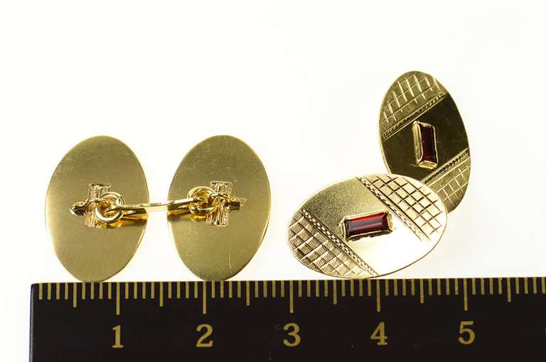 18K Yellow Gold Emerald Cut Syn. Ruby Retro Oval Men's Cuff Links