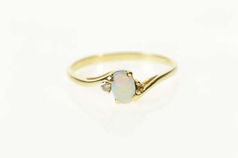 10K Yellow Gold Opal Diamond Accent Classic Bypass Ring