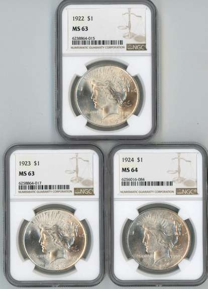 1922, 1923, & 1924 Choice BU Peace Silver Dollars NGC MS63