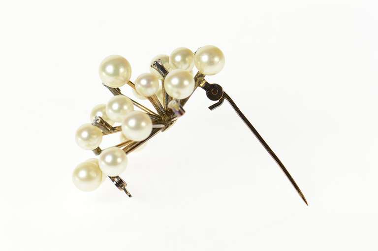10K Yellow Gold Retro 1960's Pearl Diamond Spray Burst Pin/Brooch