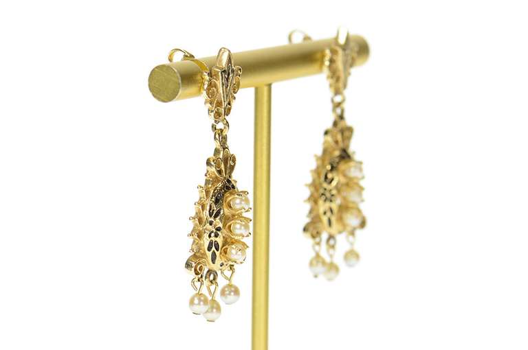 14K Yellow Gold Ornate Pearl Dangle Black Enamel Statement Earrings