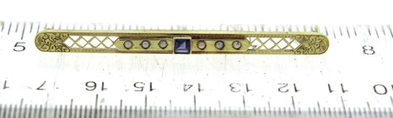 Cute Yellow Gold Blue Sapphire and Seed Pearl Pin
