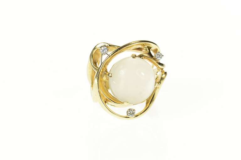 14K Yellow Gold Retro Ornate Moonstone Diamond Statement Ring