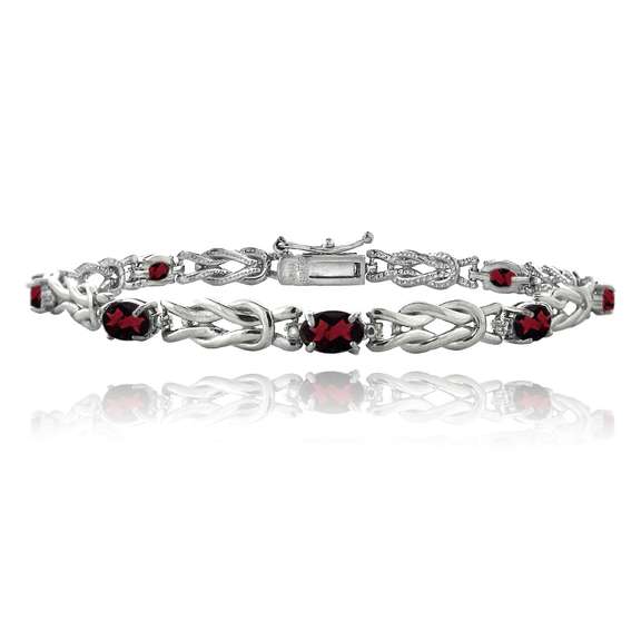 Sterling Silver 4.5ct Garnet & Diamond Accent Oval Love Knot Bracelet