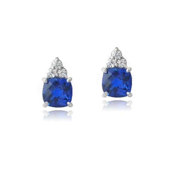Sterling Silver 2ct Created Blue Sapphire & CZ Cushion Cut Stud Earrings