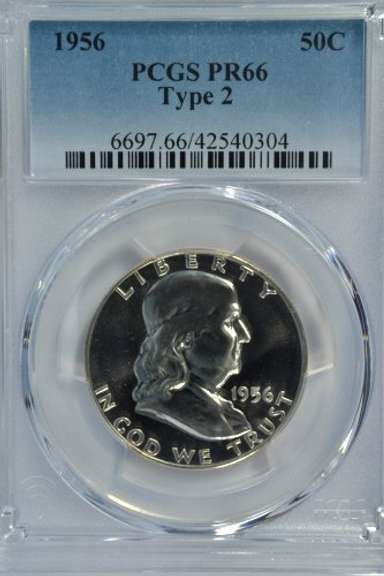 Super Gem PRF 1956 Ty 2 Franklin Half Dollar. PCGS MS66
