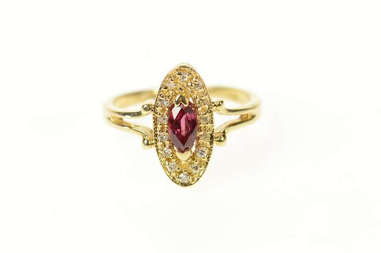 14K Yellow Gold Marquise Ruby Diamond Oval Halo Ring
