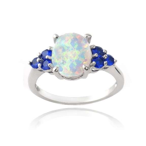 Sterling Silver Created White Opal & Blue Sapphire Oval Ring