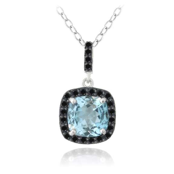 Sterling Silver 4ct Blue Topaz & Black Spinel Square Necklace