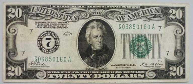 High Grade 1928 $20 FRB Of Chicago Numerical Note!