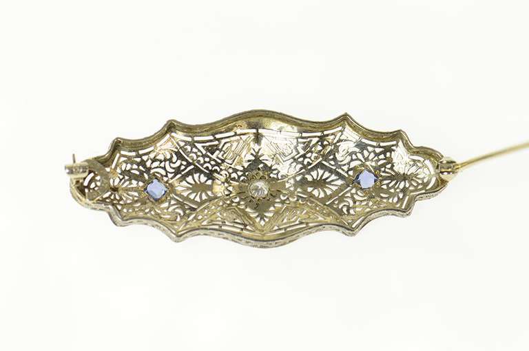 14K White Gold Diamond Syn. Sapphire Art Deco Filigree Pin/Brooch