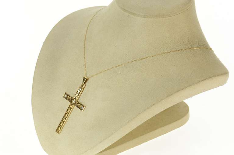 14K Yellow Gold Art Deco Etched Diamond Ornate Cross Pendant