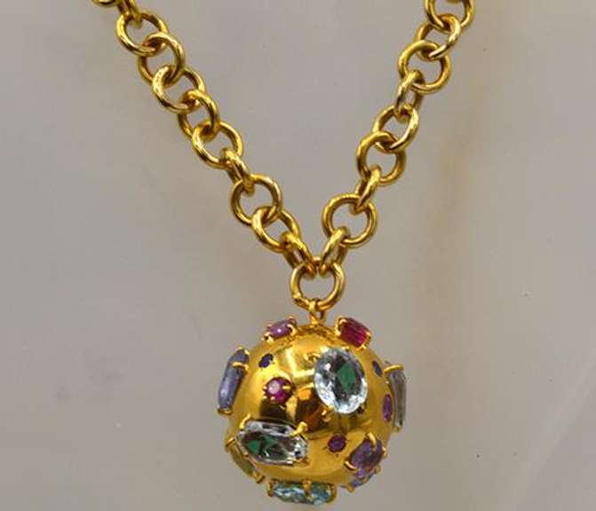 Extremely Rare 14k Gold over 30cts Gemstone Ball Pendant and Chain
