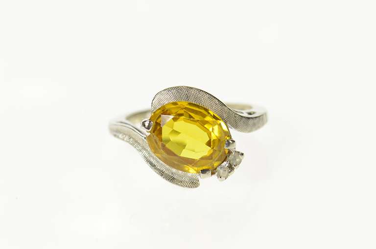 10K White Gold Oval Syn. Citrine CZ 1960's Textured Bypass Ring
