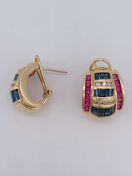 14kt Gold, Ruby, Diamond, & Blue Sapphire Earrings