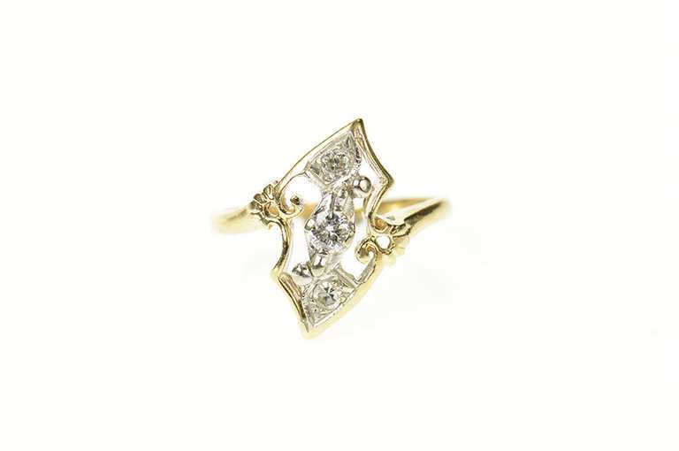 14K Yellow Gold 1930's Diamond Ornate Engagement Bypass Ring