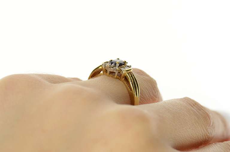 10K Yellow Gold Oval Sapphire Baguette Diamond Halo Ring
