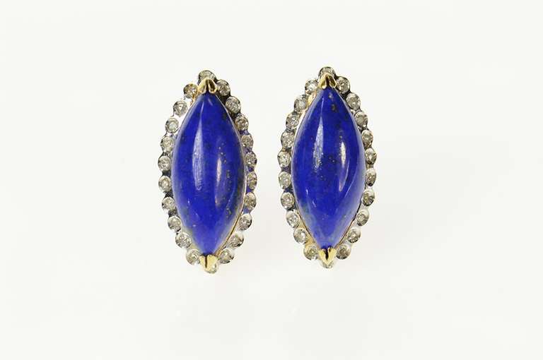 14K Yellow Gold Lapis Lazuli Diamond Halo French Clip Earrings