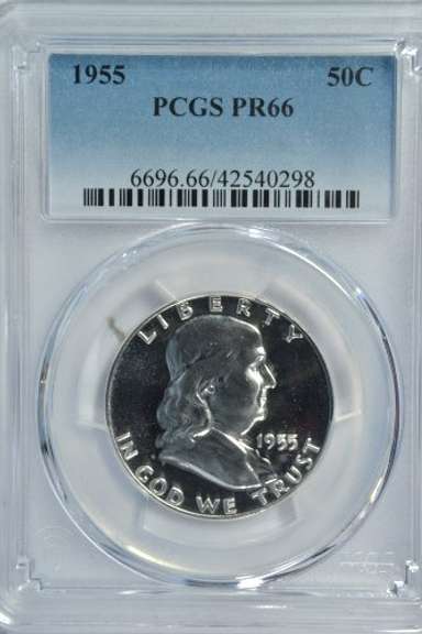 Great Gem Proof 1955 Franklin Half Dollar. PCGS PR66