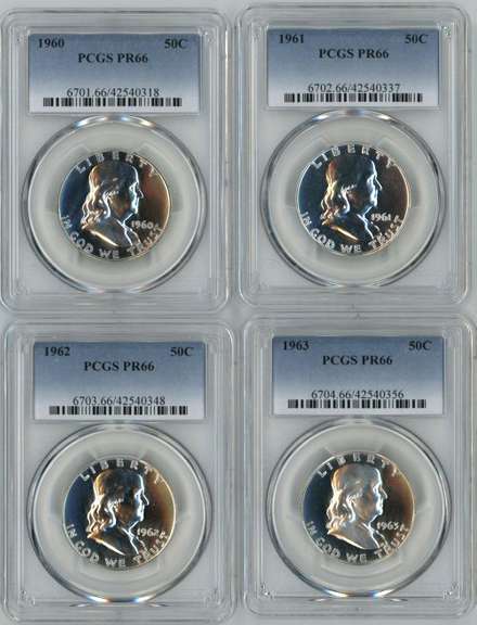 1960, 61, 62, & 63 Gem Proof Franklin Halves. PCGS PR66