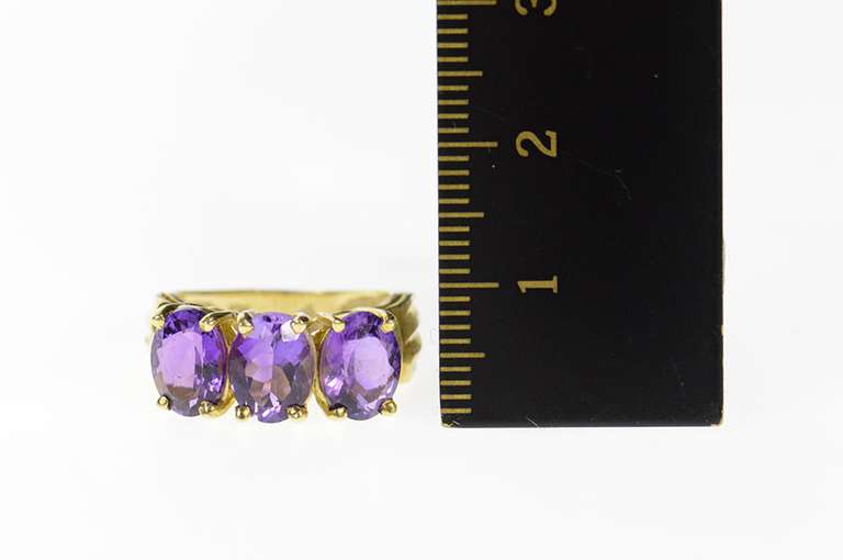 10K Yellow Gold Three Stone Amethyst Ornate Statement Ring
