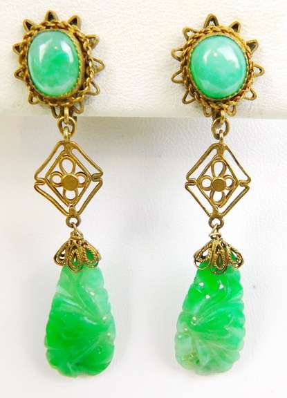 Antique Carved & Pierced Jade Earrings