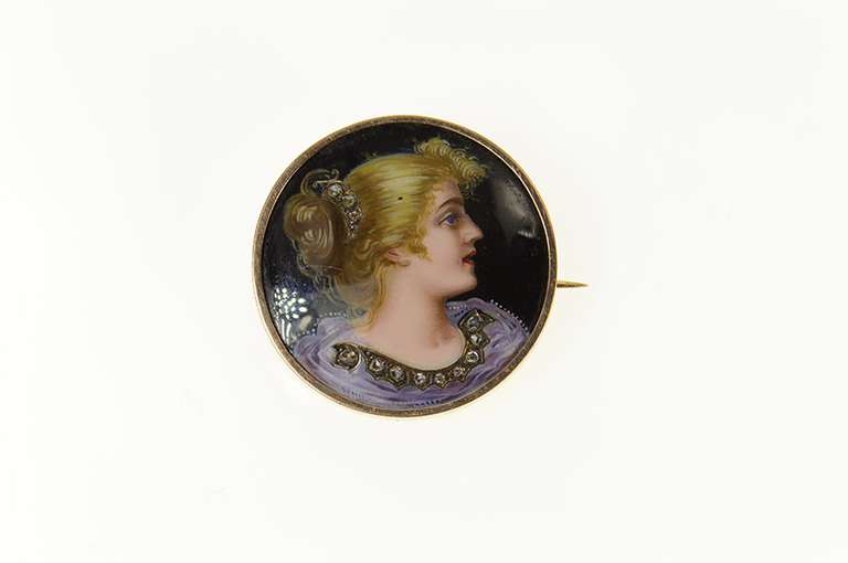 14K Yellow Gold Victorian Painted Lady Portrait Diamond Pin/Brooch