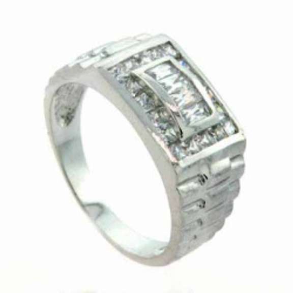 Mens Chunky Designer Inspired Band Sterling Silver Ring with Simulated Diamond CZ