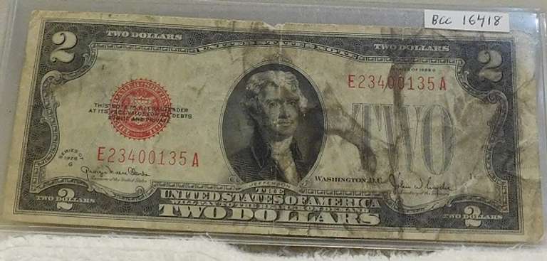 1928-G $2.00 FRN Red Seal, first yr issue of the small size, stained