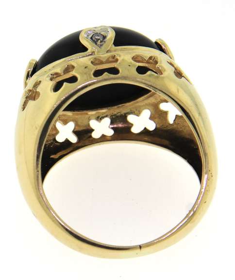 Wonderful Yellow Gold Black Onyx and Diamond Dome Ring