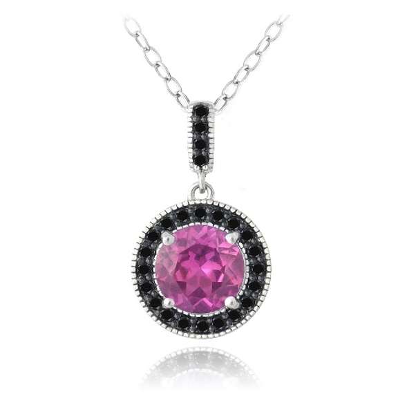 Sterling Silver 3.25ct Created Pink Sapphire & Black Spinel Round Necklace