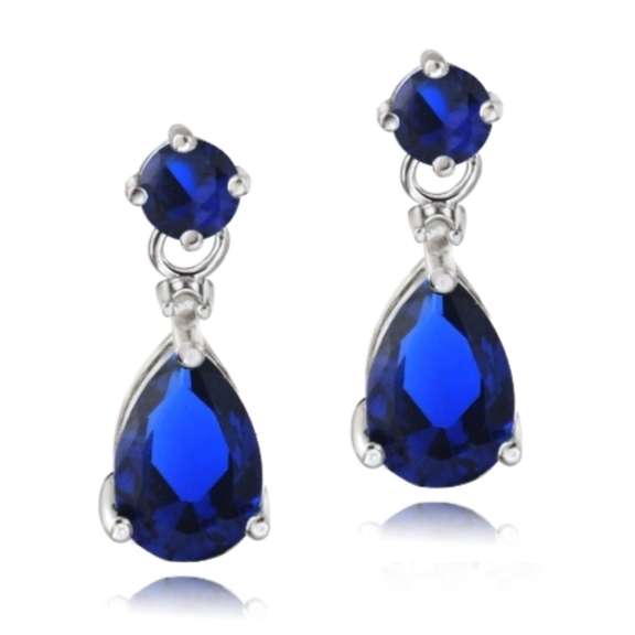 Sterling Silver Created Sapphire & Diamond Accent Teardrop Earrings