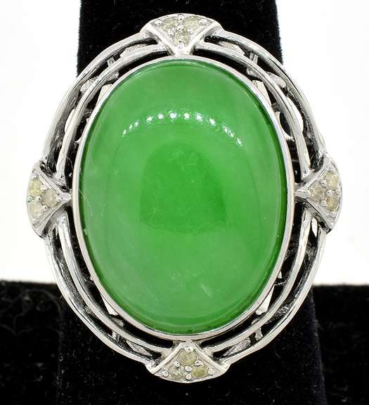 Delightful Massive 18.30CTS Jade & Diamond Ring in Sterling Silver