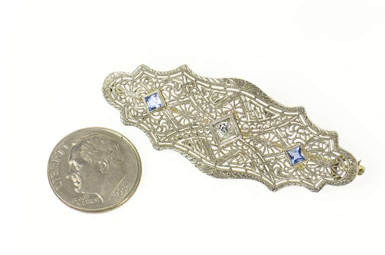 14K White Gold Diamond Syn. Sapphire Art Deco Filigree Pin/Brooch