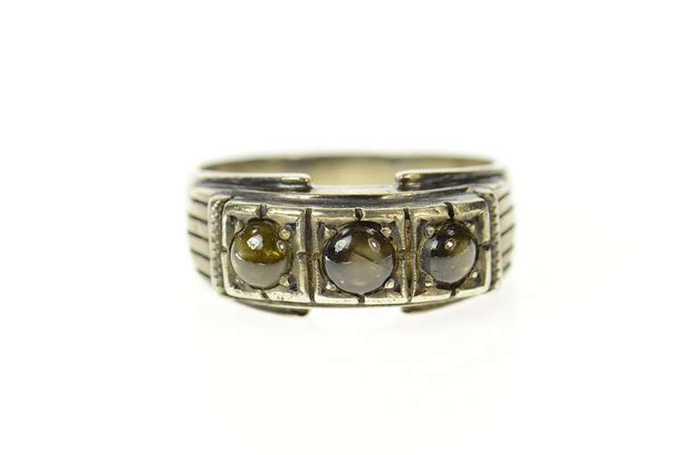 14K Yellow Gold Classic Retro Men's Black Green Star Sapphire Ring